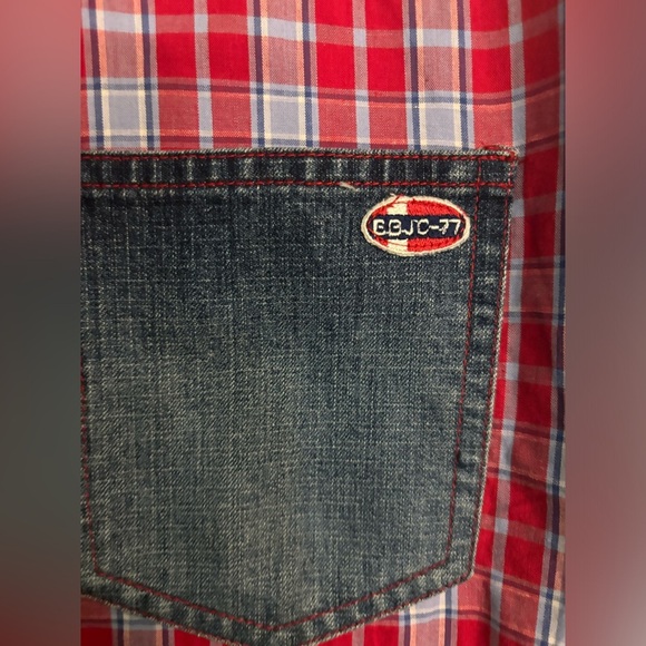 Y2K Bugle Boy Vintage Plaid Shirt Denim Pocket Button Up Red Blue Medium - Picture 2 of 13
